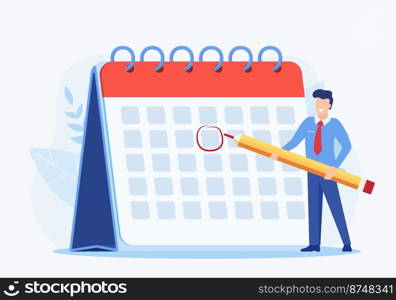 male Circle Date on Calendar Planning Important Matter. Time Management and deadline concept, Work Organization and Life Events Notification, Memo Reminder. Vector illustration in flat style. male Circle Date on Huge Calendar