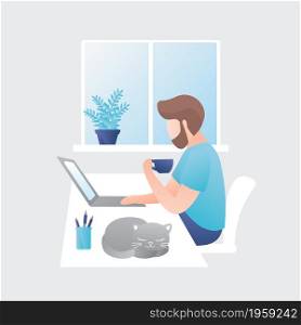 Male clerk or freelancer on workplace, home or office room interior, vector illustration in trendy style