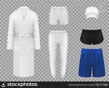 Male clothes, realistic vector linen, sportswear and headwear. 3d underpants, bath robe, and pants, shorts with baseball cap. Men underwear and sport suit mockup isolated on transparent background set. Male clothes, realistic vector linen, sportswear