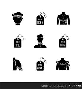 Male clothing sizes black glyph icons set on white space. Men body dimensions and proportions measurement for custom made apparel. Bespoke tailoring silhouette symbols. Vector isolated illustration