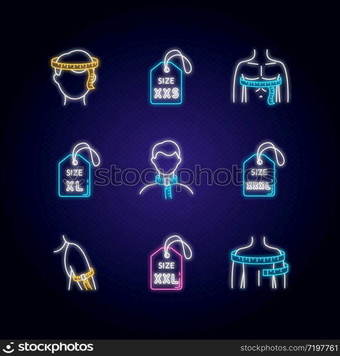 Male clothing sizes neon light icons set. Men body dimensions and proportions measurement for apparel. Bespoke tailoring signs with outer glowing effect. Vector isolated RGB color illustrations