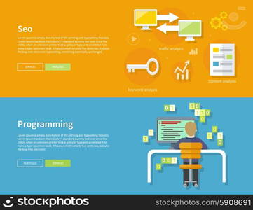 Male computer programmer sitting in a chair in front of computer at table and programming on computer on his workplace. SEO optimization, programming process and web analytics elements in flat design