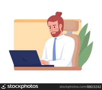 Male computer worker flat concept vector illustration. Office employee. Editable 2D cartoon character on white for web design. Professional creative idea for website, mobile, presentation. Male computer worker flat concept vector illustration