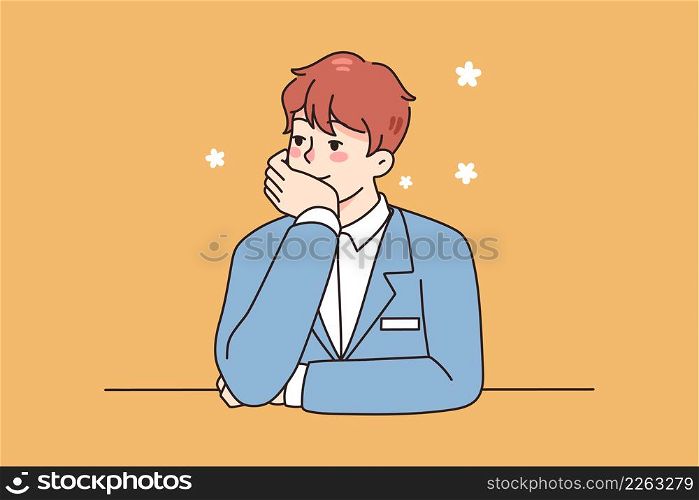 Male concierge sit at desk look in distance dreaming and imagining. Man administrator feel bored at workplace in hotel or business center, lost in dreams and thoughts. Vector illustration.. Male concierge dreaming thinking at workplace