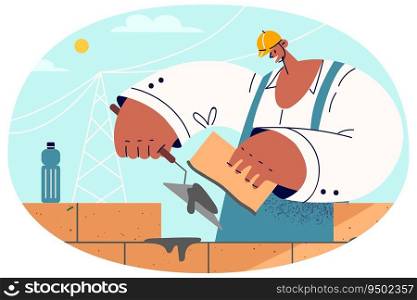 Male construction worker in uniform and helmet working. Man builder use bricks building house at site. Vector illustration.. Male builder work at construction site