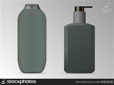 Male cosmetic ads. Mockup set of lotion and shampoo bottles. Dispanser packaging and can with lid in military colours.. Male cosmetic ads. Mockup set of lotion, shampoo