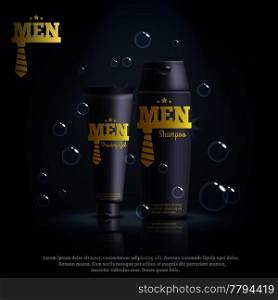 Male cosmetics including shaving gel, shampoo in yellow black packaging realistic composition with brand identity vector illustration . Realistic Male Cosmetics Composition