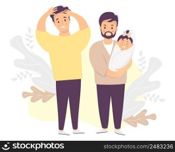 Male couple with a baby. Two sad and frightened men are holding a crying newborn. Vector illustration. LGBT European family with newborn daughter, stressful situation. Family life and emotions concept