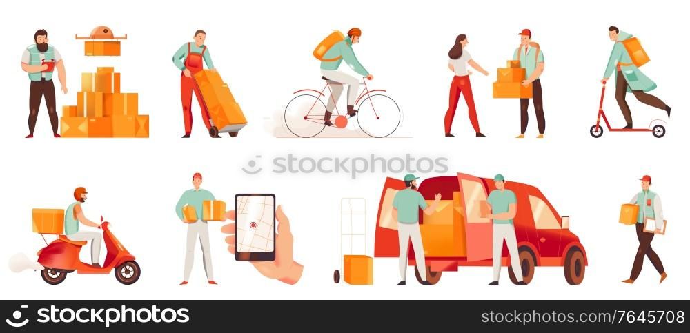 Male courier characters from delivery service delivering goods by drone car scooter motorcycle bike on foot flat icons set isolated vector illustration