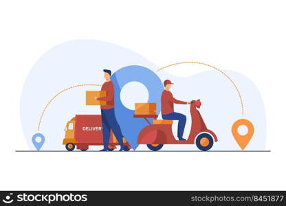 Male couriers delivering parcels. Scooter, truck, map pointers flat vector illustration. Shipping, logistics, service concept for banner, website design or landing web page