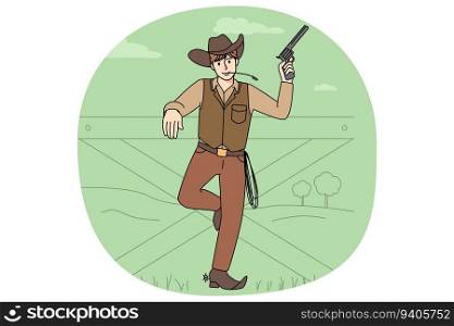Male cowboy in costume posing with revolver near fence. Man bandit on wild west. Western theme concept. Vector illustration.. Male cowboy in costume