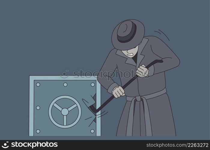 Male criminal break vault for money robbery in office. Man thief or villain rob strongbox with stick. Crime and burglary concept. Finance safety problem. Flat vector illustration.. Male thief break vault for money robbery