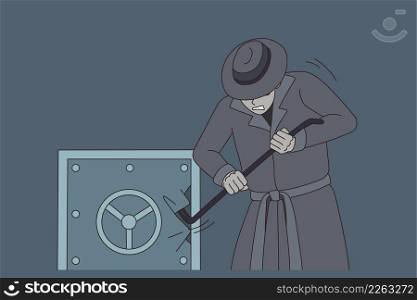 Male criminal break vault for money robbery in office. Man thief or villain rob strongbox with stick. Crime and burglary concept. Finance safety problem. Flat vector illustration.. Male thief break vault for money robbery