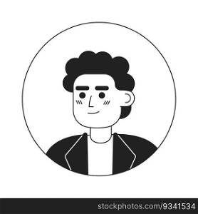 Male curly brunette employee monochrome flat linear character head. Office worker man portrait. Editable outline hand drawn human face icon. 2D cartoon spot vector avatar illustration for animation. Male curly brunette employee monochrome flat linear character head