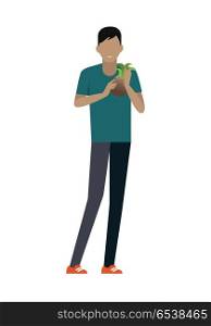 Male customer character vector template. Flat design. Buyer in grocery shop. Smiling man with pineapple in hands standing on white background. Consumer choice and shopping in mall concept. . Customer Man Character Vector Illustration. Customer Man Character Vector Illustration