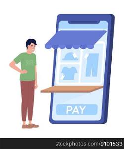 Male customer paying for clothes online flat concept vector spot illustration. Editable 2D cartoon character on white for web design. Creative idea for website, mobile, magazine. Quicksand font used. Male customer paying for clothes online flat concept vector spot illustration