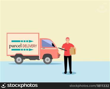 Male delivery driver holding parcels in preparation for delivery with delivery truck and white background