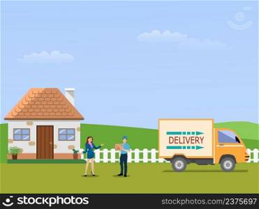 male delivery man delivering goods to female customers at home with mountains and sky in the background