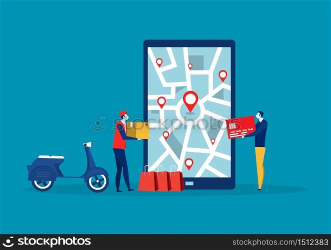 Male delivery searching for a location on; mobile phone map.Order geolocation vector illustrator