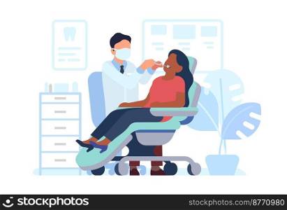 Male dentist examines female patients teeth. Dental prevention. Woman at appointment with doctor. Professional hygiene and oral health care. Medical treatment in hospital. Vector stomatology concept. Male dentist examines female patients teeth. Dental prevention. Woman at doctors appointment. Professional oral health care. Medical treatment in hospital. Vector stomatology concept