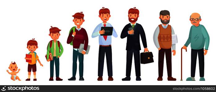 Male different age. Newborn baby, teenage boy and student ages, adult man and old senior. People generations or male aging process. Kid, student and adult man, life cycle isolated vector illustration. Male different age. Newborn baby, teenage boy and student ages, adult man and old senior. People generations vector illustration