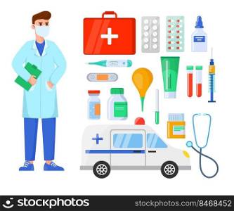 Male doctor and medical equipment cartoon vector set. Specialist or therapist GP character in facial mask with tools, drugs, pills, meicines vector collection set. Healthcare, profession concept.