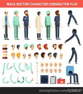 Male Doctor Character Constructor Flat. Constructor of doctor character with male person body parts and medical accessories vector illustration