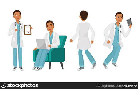 Male doctor character set with different poses, emotions, actions. Medical note, working with computer, back view, radiography. Can be used for hospital, intern, physician