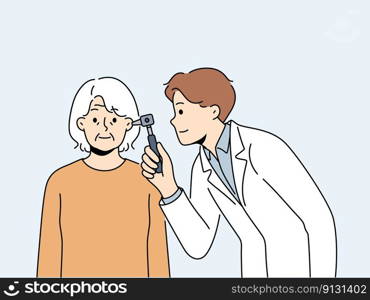 Male doctor examine elderly female patient ear. Man GP or otolaryngologist do checkup or exam of old grandmother in clinic. Vector illustration. . Doctor examine old patient ear 