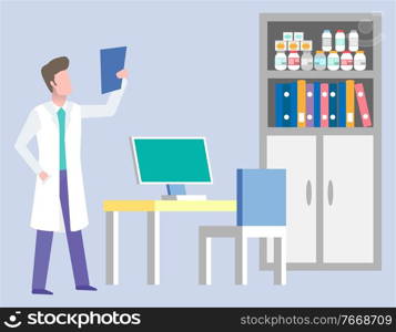 Male doctor examining x-ray picture standing at his office near desk with computer. Medical consulting room interior. Radiology and healthcare vector. Doctor Examining X-ray Picture in Consulting Room