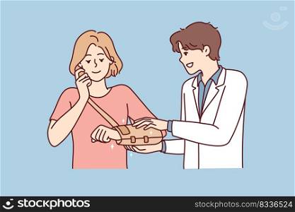 Male doctor help patient put bandage on hand after trauma or injury. Therapist or surgeon cure woman with broken shoulder in hospital. Vector illustration. . Male doctor help patient with trauma 
