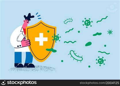 Male doctor hold shield protect from microbes and viruses. Confident man medical worker protection use vaccine for treating saving from pandemic. Vaccination, healthcare concept. Vector illustration. . Doctor with shield protect from microbes and viruses