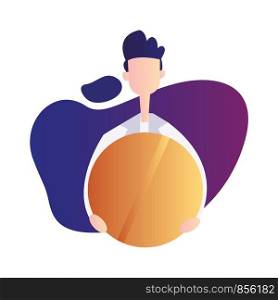 Male doctor holding huge orange pill inside a purple bubble vector illustration on a white background