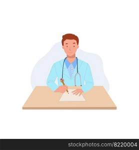 male doctor in medical coats writing a medical report. Flat Vector cartoon character illustration 