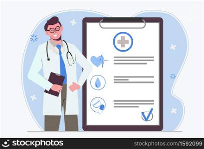 Male doctor. Medical insurance. Doctor&rsquo;s appointment. Examination and medical history. Healthcare Flat illustration isolated on white background. Male doctor. Medical insurance.