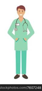 Male doctor on a white background. Medical consultation. Vector flat illustration.