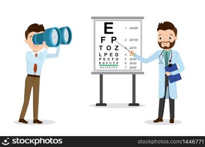 Male Doctor optometrist examines vision,caucasian guy with binoculars,Snellen Eye Chart,health care vector illustration,flat design isolated on white background