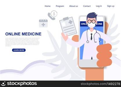 Male doctor profession pop up from mobile phone online medicine from anywhere. Health care and medical flat character vector illustration