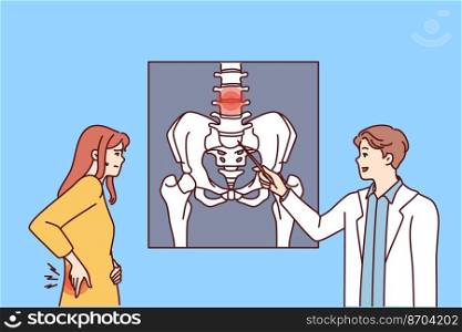Male doctor show health problem on image to female patient. Man GP or therapist point at body part on scan to woman client in hospital. Vector illustration. . Male doctor point at body organ on image 