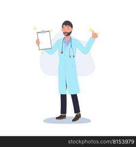Male Doctor showing Good Medical Report with thumb ups. Flat vector cartoon character illustration