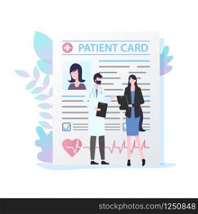 Male Doctor with Stethoscope Female Patient Card Vector Illustration. Man Medical Specialist Consultation Woman Appointment Medication Prescription Record Health Care Insurance Treatment. Male Doctor with Stethoscope Female Patient Card