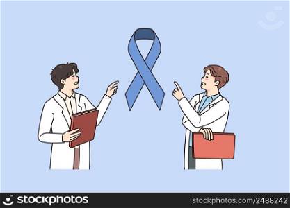 Male doctors discuss cancer diagnosis rise awareness to death disease. Men medical professionals near huge blue ribbon for oncology illness. Healthcare and medicine. Vector illustration. . Male doctors discuss patient cancer diagnosis 