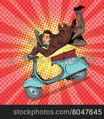 Male driver accident on the scooter pop art retro vector illustration. Male driver accident on the scooter