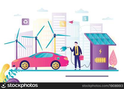Male driver charges electric car. Charging station with solar panels. Wind turbines and city buildings on background. Ecologically clean transport, environment protection. Flat vector illustration. Male driver charges electric car. Charging station with solar panels. Wind turbines and city buildings on background.
