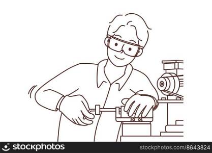 Male employee in uniform work on steel machine in workshop. Man mechanic or repairman busy with machine tool. Occupation. Vector illustration. . Male employee work on machine in workshop 