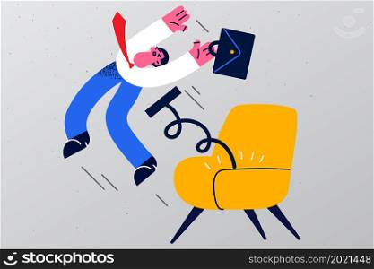 Male employee pushed out of chair by spring dismissed from job in corporation. Man worker fired from position in company. Dismissal and firing at workplace. Vector illustration, cartoon character. . Male employee pushed from chair in company