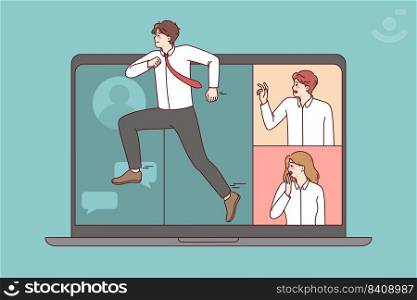 Male employee running away from online business meeting on laptop with colleagues. Man jump into offline work schedule. Remote conference on computer problem. Vector illustration.. Man running away from remote meeting
