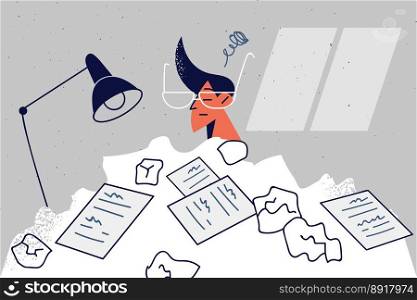 Male employee sit at desk with paper drafts overwhelmed with load. Stressed man with paperwork frustrated with workload. Overwork and fatigue. Vector illustration. . Male employee with drafts overwhelmed with work 