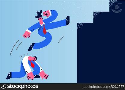 Male employee use colleague as stepping stone for goal achievement. Businessman jump over coworker or partner back to get work promotion or career success. Rivalry, competition. Vector illustration. . Male employee jump over colleague as stepping stone
