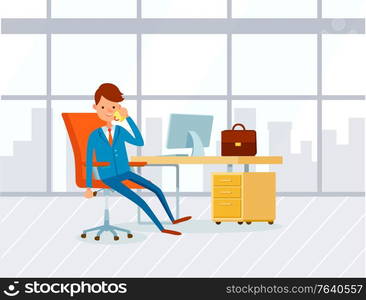 Male employee wearing suit and drinking coffee at workplace. Leader of company sitting in office and working with desktop computer, business center vector. Employee at Workplace in Office Drinking Coffee